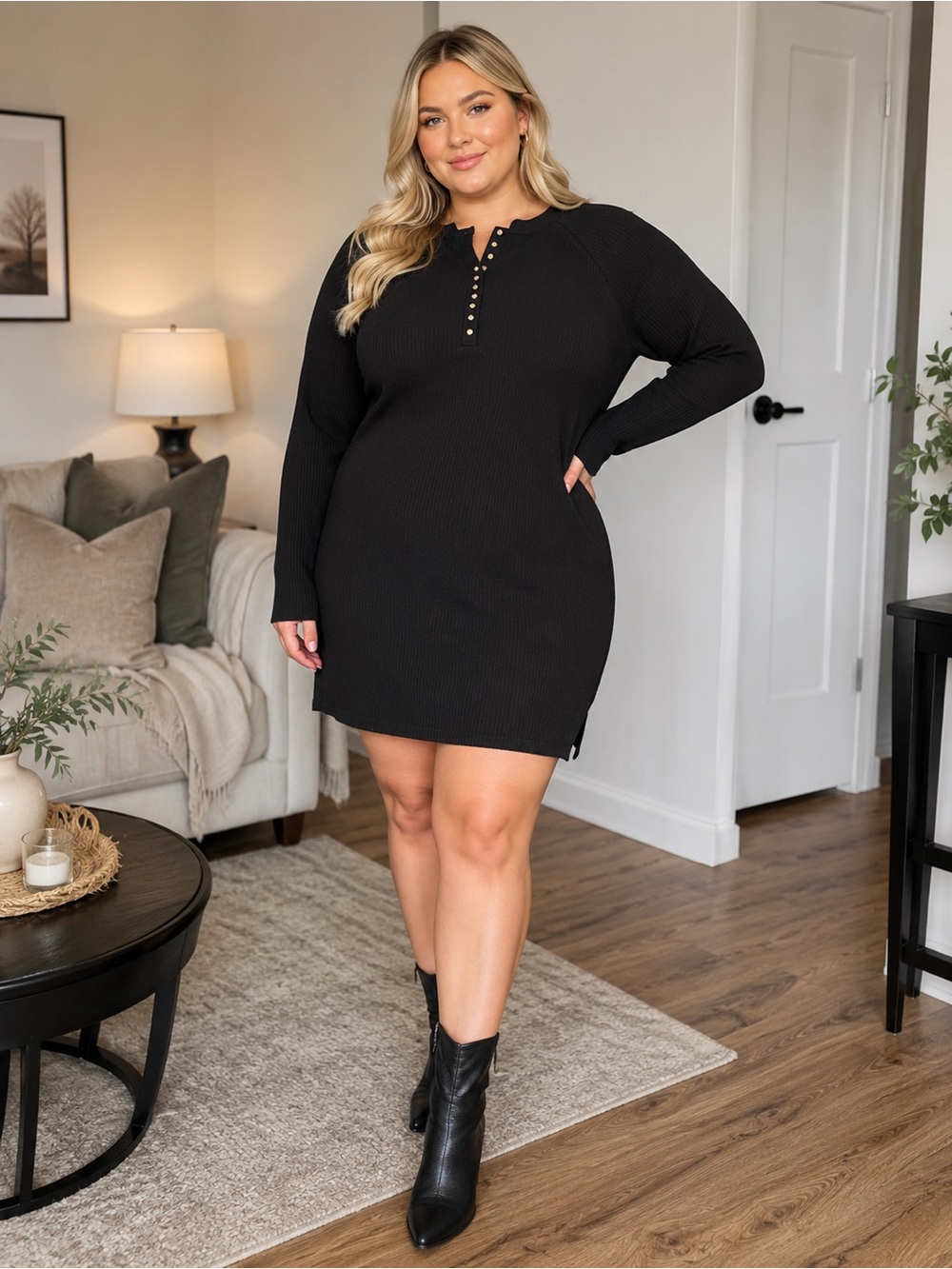 Woman Black Long-Sleeve blouse dress  Ribbed Henley Shirt